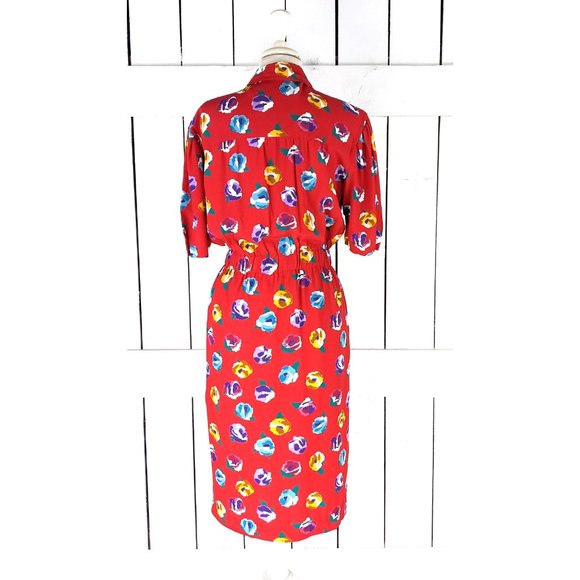 Vintage Liz Claiborne red floral short sleeve midi dress 10 - Picture 4 of 7
